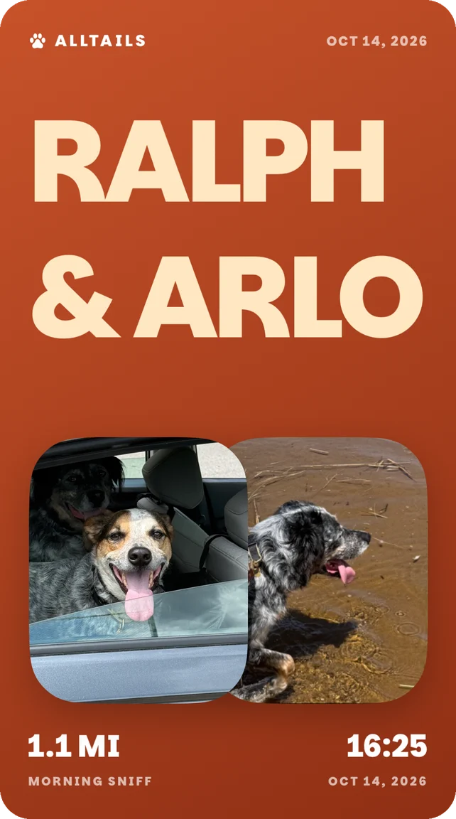Pack card: RALPH & ARLO in big letters over two dog photos, 1.1 miles.