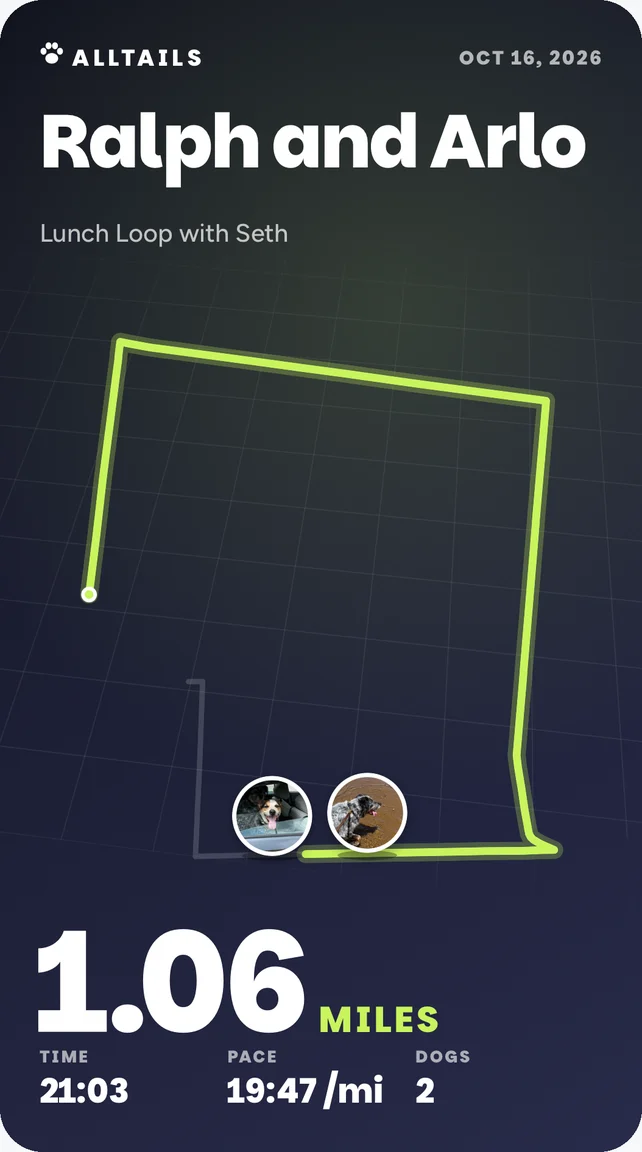 Replay card: Ralph and Arlo walking the route, 1.06 miles in.